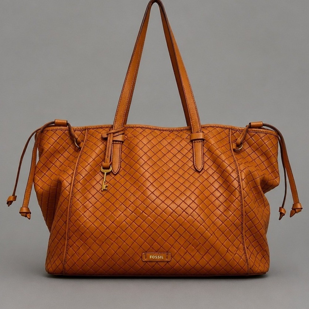 Fossil Woven Leather Tote Bag Large Tan Brown Braided Shoulder Bag Handbag - Picture 2 of 8